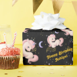 Anpassad Whimsical Rosa Enhörning Flickor Födelsed Presentpapper