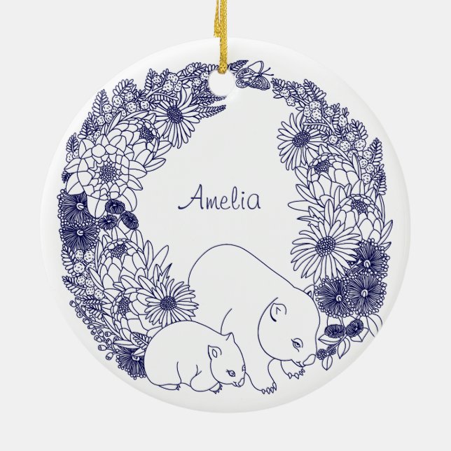 Anpassad Wombat Jul Blå Julgransprydnad Keramik (Baksidan)