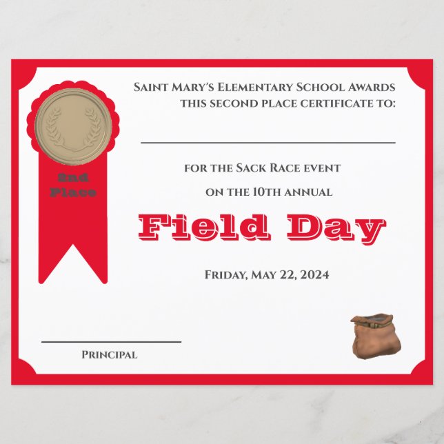 Anpassade 2:a tilldelningsbeviset Ställe (Framsida)