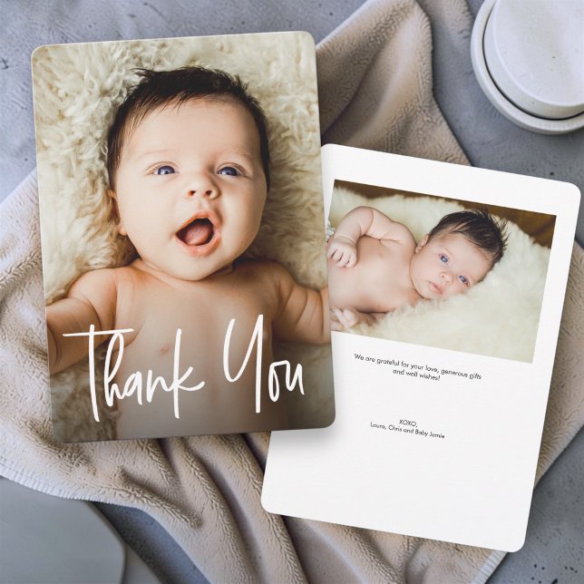 Anpassade 2 bilder Modern handstils Baby Shower Tack Kort (Custom Baby photos baby shower thank you card.)