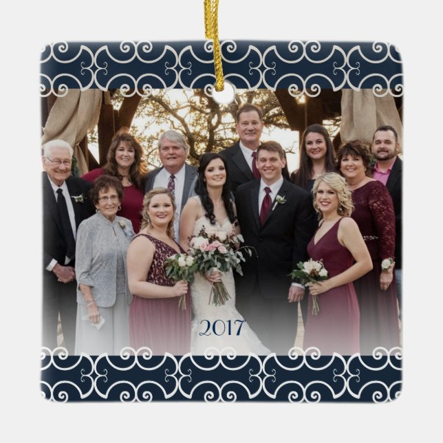 Anpassade 2 Scrollsar med blå Elegant i sidled Julgransprydnad Keramik (Framsida)