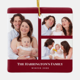 Anpassade 3 sektioner familjefoto collage röd ram julgransprydnad keramik