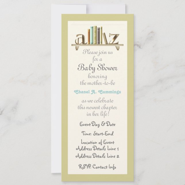 Anpassade A-Z Baby Bok Shower Inbjudan (Framsida)