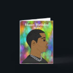 Anpassade African American Son Birthday Kort<br><div class="desc">Det här färgfulla födelsedagskortet för en son har en biprofil av en ung afrikansk amerikansk Far som bär en svart t-shirt och kedja på en bokebakgrund. Det här kortet är anpassade,  så du kan gärna ändra texten efter eget önskemål.</div>