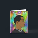 Anpassade African American Son Birthday Kort<br><div class="desc">Det här färgfulla födelsedagskortet för en son har en biprofil av en ung afrikansk amerikansk Far som bär en svart t-shirt och kedja på en bokebakgrund. Det här kortet är anpassade,  så du kan gärna ändra texten efter eget önskemål.</div>