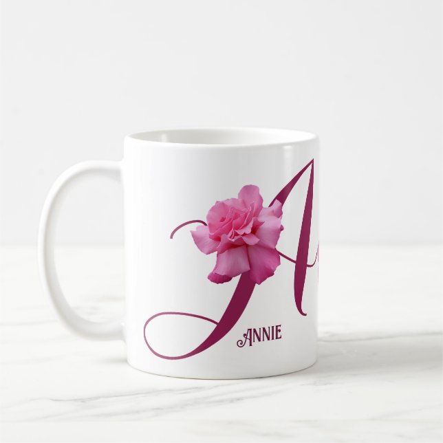 Anpassade Annie namn söt rosa ros blommigt Kaffemugg (Vänster)