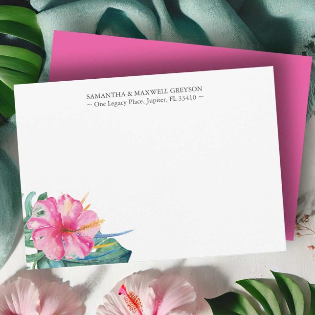 Anpassade anteckningskort för vattenfärgsfärgade B (Wedding note cards feature watercolor tropical pink hibiscus flower art by Victoria Grigaliunas)