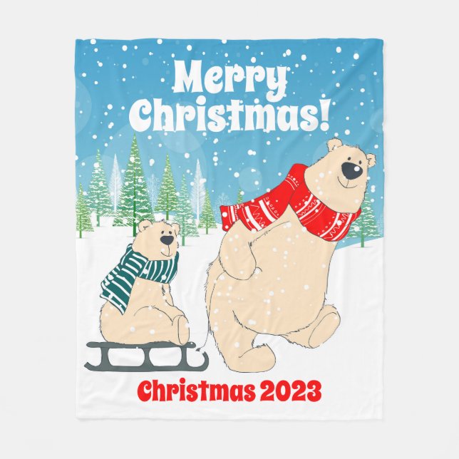 Anpassade Baby Bear på Sled God jul Fleecefilt (Framsidan)