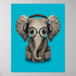 Anpassade Baby Elephant Dj med hörlurar Poster