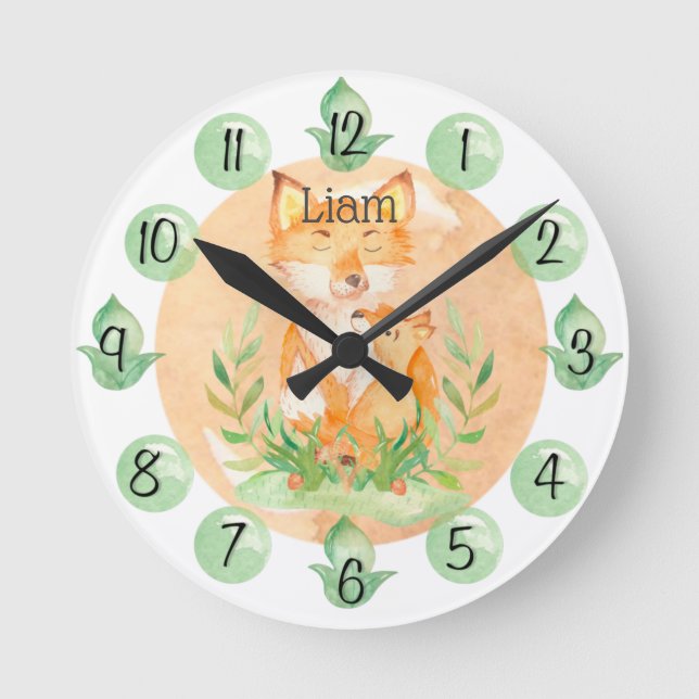 Anpassade Baby Fox Nursery Clock Medium Rund Klocka (Framsida)