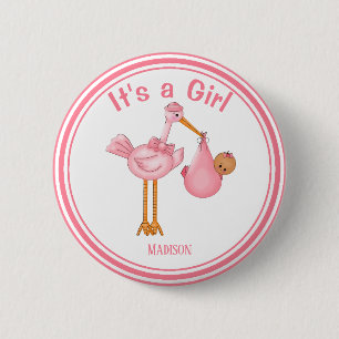 Anpassade Baby Shower Stork Flicka Knapp