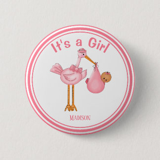 Anpassade Baby Shower Stork Flicka Knapp