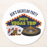 Anpassade Bachelor Party Las Vegas Resa Casino Underlägg Papper Rund<br><div class="desc">Anpassa din egen kandidat resa underlägg för en Las Vegas-flykting. En personlig för coola underlägg med spelkasinokaplor som kortdäck,  poker chip och roulette-hjul med Vegas Resa i gult-skript. Roligt spelare-design för dina marskalkar och bästa man.</div>