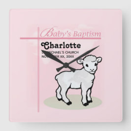 Anpassade, baptism, Rosa, flicka, lamm Fyrkantig Klocka