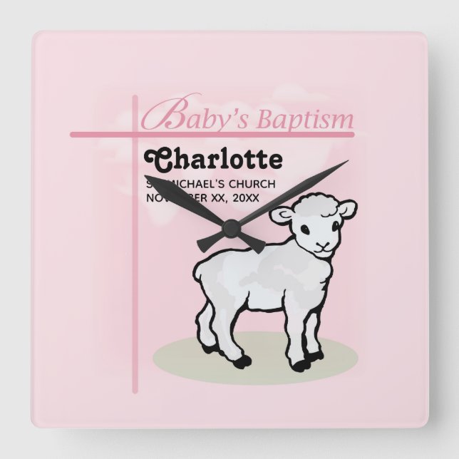 Anpassade, baptism, Rosa, flicka, lamm Fyrkantig Klocka (Framsida)