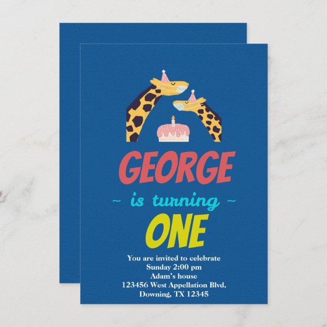 Anpassade barns giraffer masker tecknad inbjudan - (Fram/baksida)