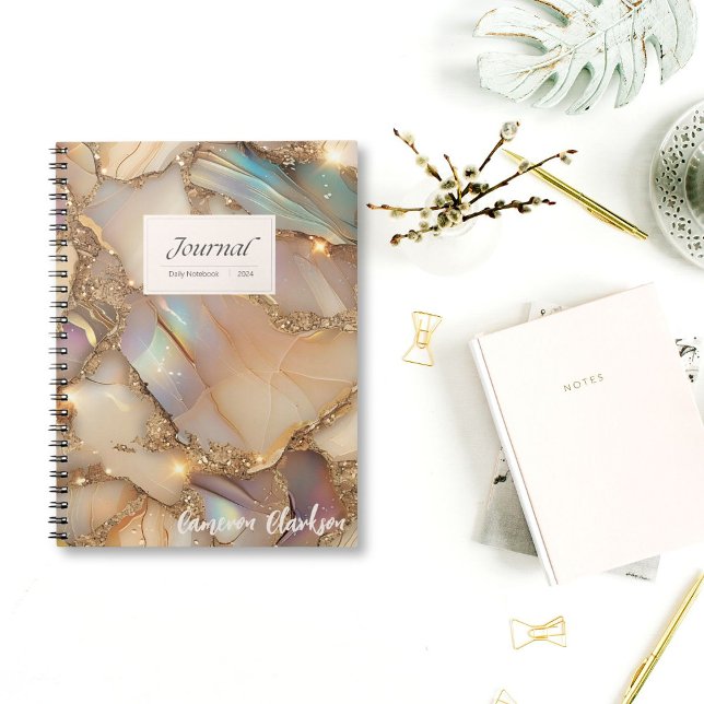 Anpassade Beige Holografisk alkohol Bläck Daily Anteckningsbok (Turn every page with a sparkle! Personalize your Beige & Gold Holographic Notebook today.)