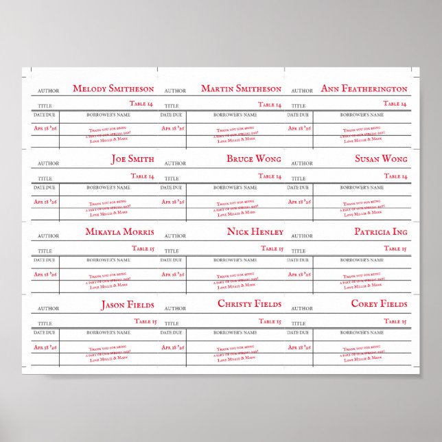 Anpassade bibliotekskort för bordnumrering poster (Framsidan)