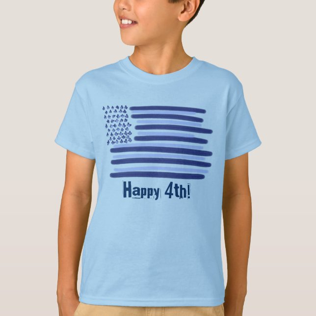 Anpassade blå amerikanska flagga, 4:e july tee (Framsida)