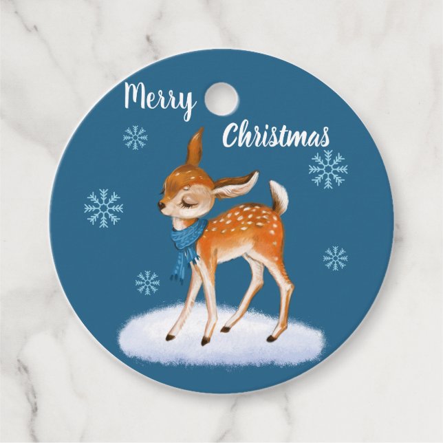Anpassade, blå, söta hjort-julbarn gåvor etiketter (Framsida)