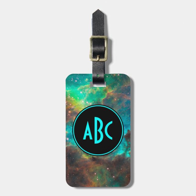 Anpassade Black and Aqua Tre Brev Monogram Bagagebricka (Vertikal Framsida)