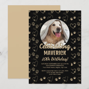 Anpassade Black Guld Hund Födelsedagsfest Inbjudningar