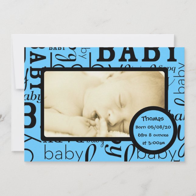 Anpassade blått baby-fotoannonskort meddelande (Framsida)