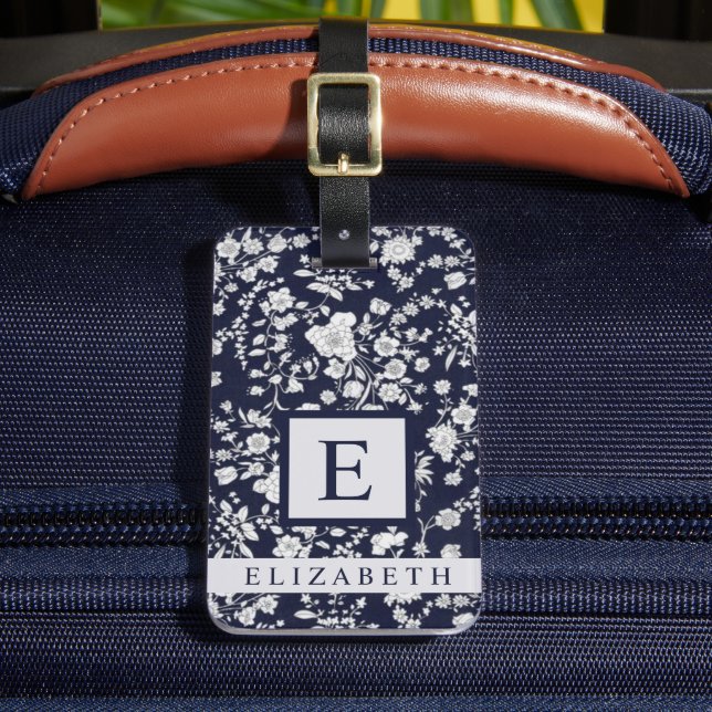 Anpassade blåvita blommor med Mörk, blå Blommigt Bagagebricka (Framsida Insitu 2)