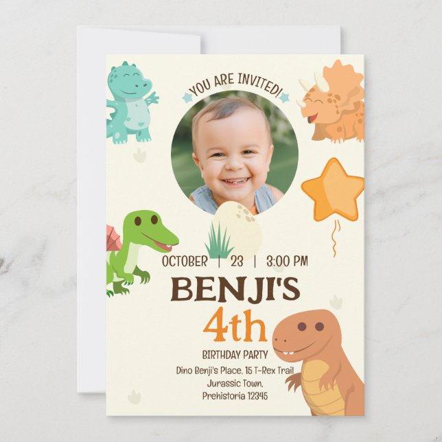 Anpassade Blek Gult Dinosaur Photo Birthday Inbjudningar (Framsida)