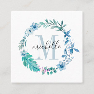 Anpassade Blommigt Monogram Blue Vår Fyrkantigt Visitkort