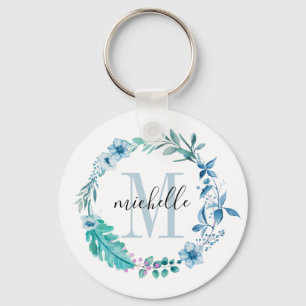 Anpassade Blommigt Monogram Blue Vår Nyckelring
