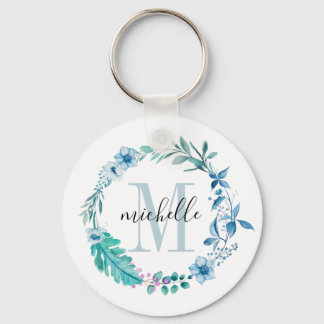 Anpassade Blommigt Monogram Blue Vår Nyckelring
