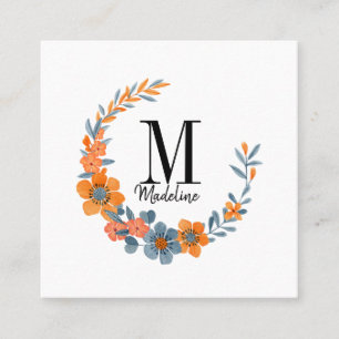 Anpassade Blommigt Monogram Orange för höstvågo Fyrkantigt Visitkort