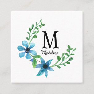 Anpassade Blommigt Monogram Söt Blåa blommor Fyrkantigt Visitkort