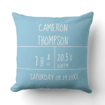 Anpassade Blue Birth Stats Baby Nursery Pillow