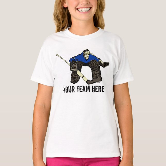 Anpassade Blue hockey goalie Flickor T T Shirt (Framsida)