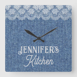 Anpassade Blue Jean Kitchen Wall Clock Fyrkantig Klocka