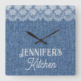 Anpassade Blue Jean Kitchen Wall Clock Fyrkantig Klocka