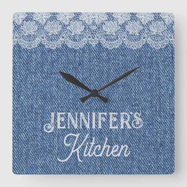 Anpassade Blue Jean Kitchen Wall Clock Fyrkantig Klocka (Framsida)