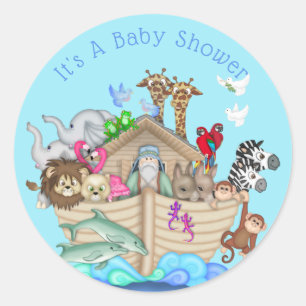 Anpassade Blue Noahs Ark Baby Shower Sticker Runt Klistermärke