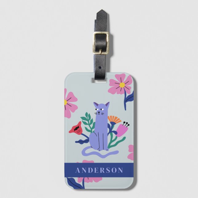 Anpassade Blue Russian Cat & Matisse Flowers Bagagebricka (Framsida vertikal)
