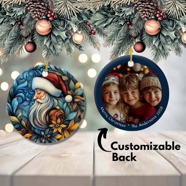 Anpassade Blue Vintage jultomte Julgransprydnad Keramik (Customizable Blue Vintage Santa Christmas Ceramic Ornament)
