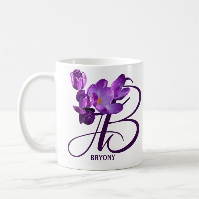 Anpassade Bryony namn lila blommor monogram Kaffemugg (Vänster)