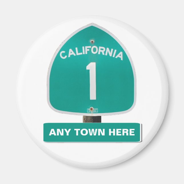 Anpassade CA Highway 1 "any Town here" Magnet (Framsidan)