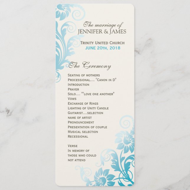 Anpassade Classy Ombre Teal Bröllopsprogram Program (Framsida)