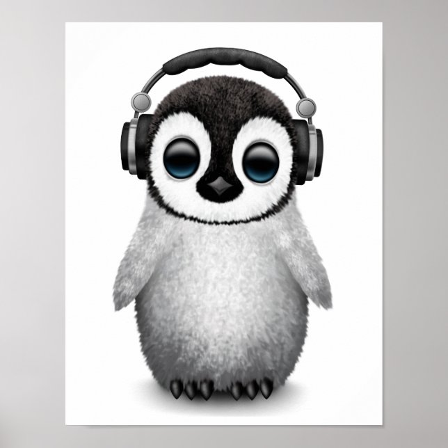 Anpassade Cute Baby Penguin Dj med hörlurar Poster (Framsidan)