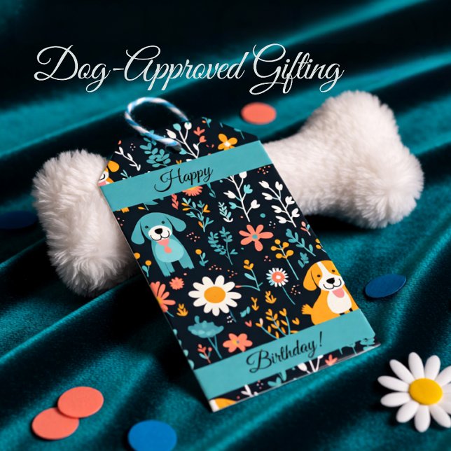Anpassade Cute Blue Puppy Flowers Presentetikett (Cute Blue Puppy Floral Birthday Blue & Orange Gift Tags)