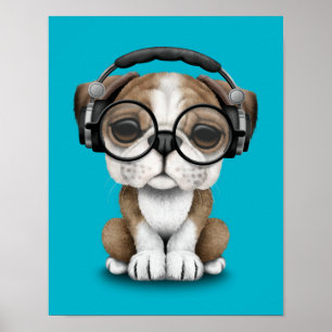Anpassade Cute Bulldog Puppy Dj med hörlurar Poster