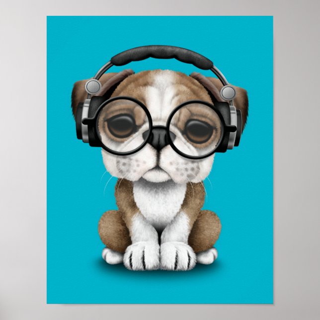 Anpassade Cute Bulldog Puppy Dj med hörlurar Poster (Framsidan)