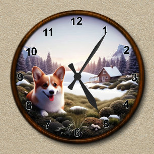 Anpassade Cute Corgi Scenia Background Rund Klocka